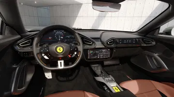 Vista del habitáculo de un Ferrari, acabados de lujo y última tecnología a bordo.