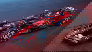 Vista lateral de un Ferrari de Fórmula 1 con decoración especial para el Gran Premio de Miami 2024.