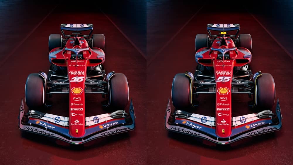 Vista frontal y lateral de un monoplaza Ferrari con decoración especial para el GP de Miami.