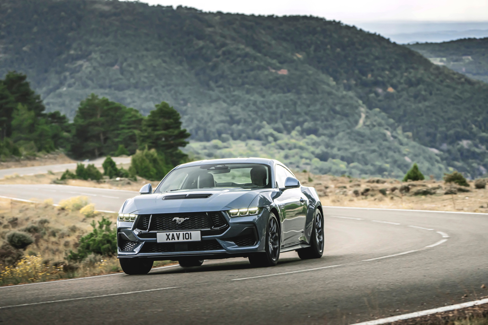 Visión dinámica del Ford Mustang 2024 destacando su imponente frontal y perfil atlético.