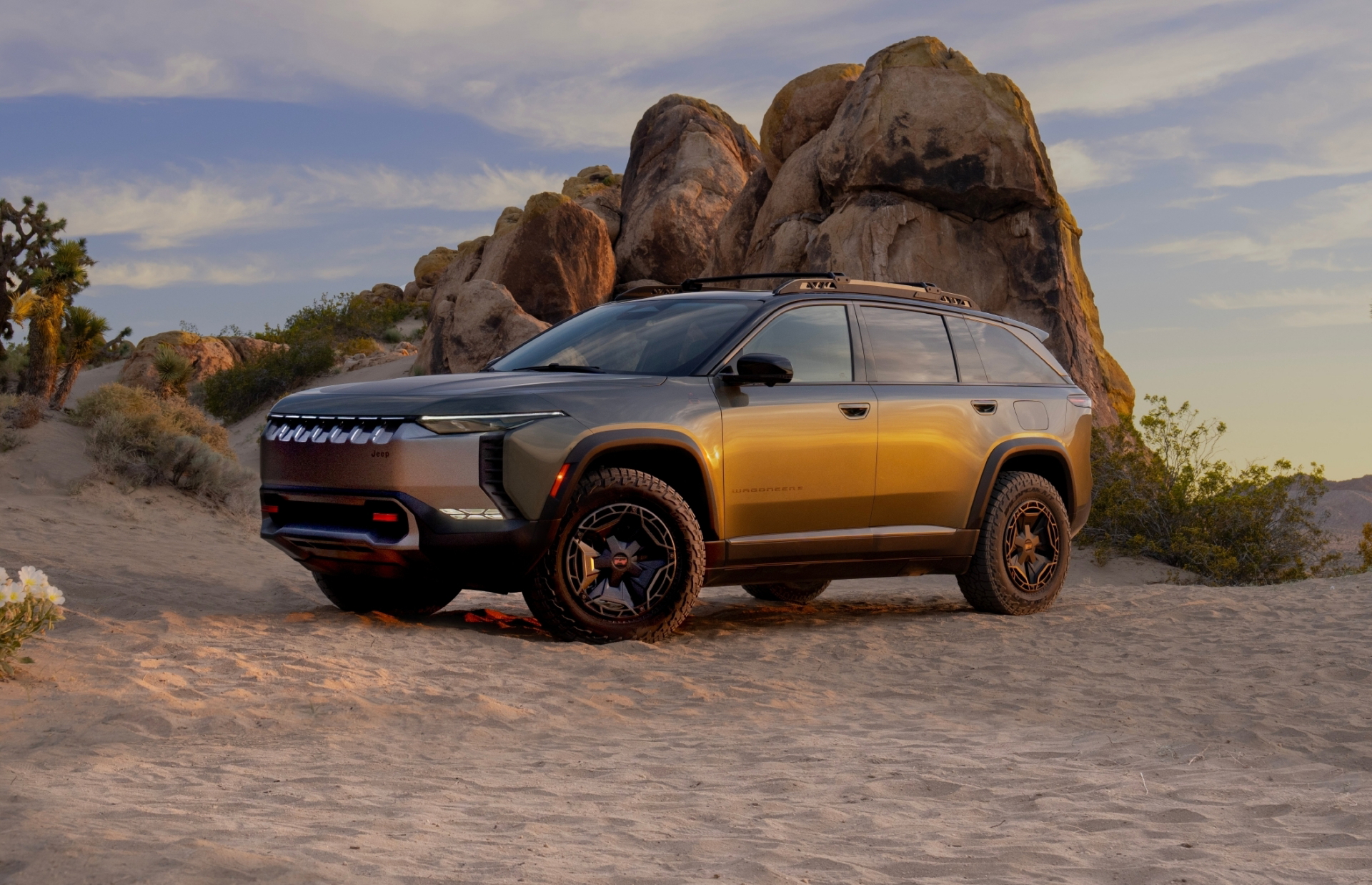 Vista dinámica del Jeep Wagoneer S Trailhawk concept 2024 en entorno natural
