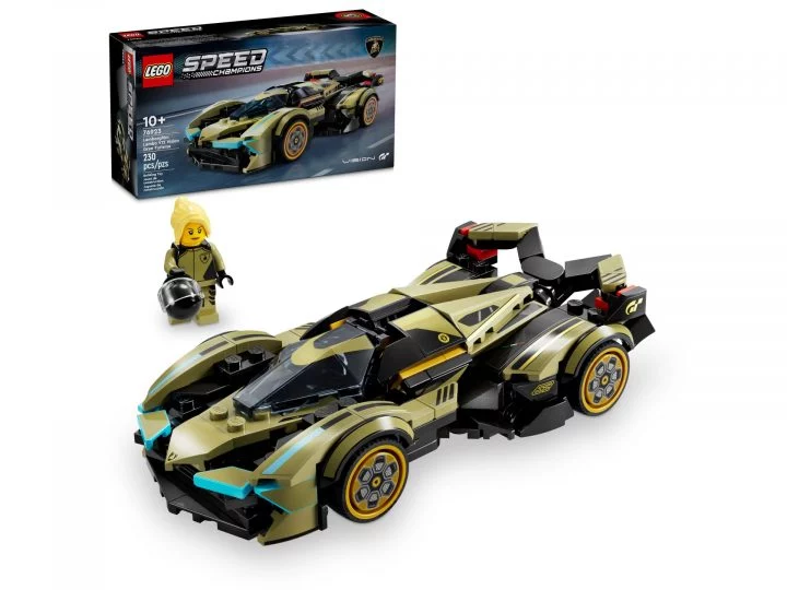 Réplica de LEGO del vehículo deportivo, con detalles en dorado y azul.
