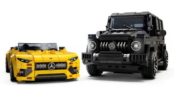 Réplicas Lego Mercedes deportivo y SUV, detalle frontal y perfil.