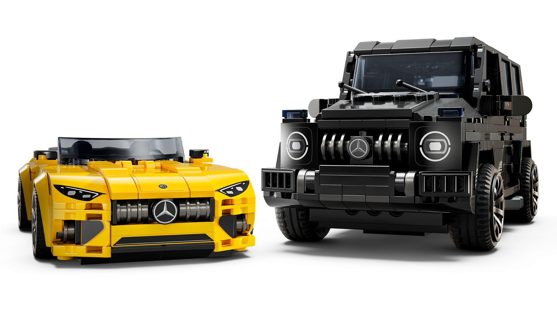 Réplicas Lego Mercedes deportivo y SUV, detalle frontal y perfil.