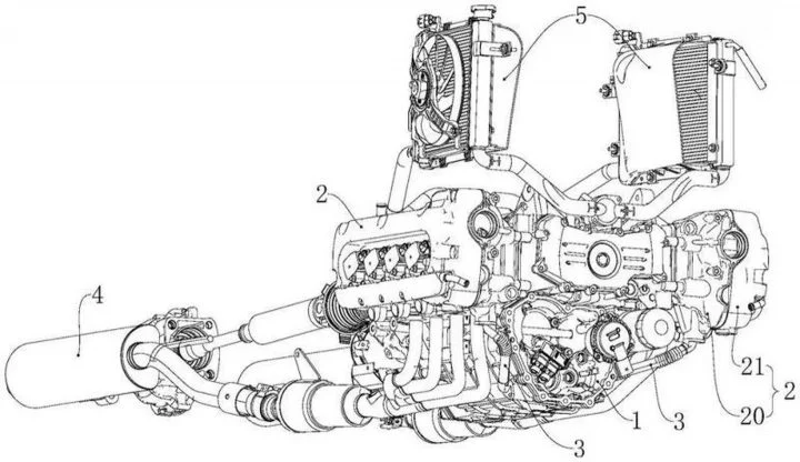 Esquema detallado de un motor boxer de ocho cilindros para motocicletas.