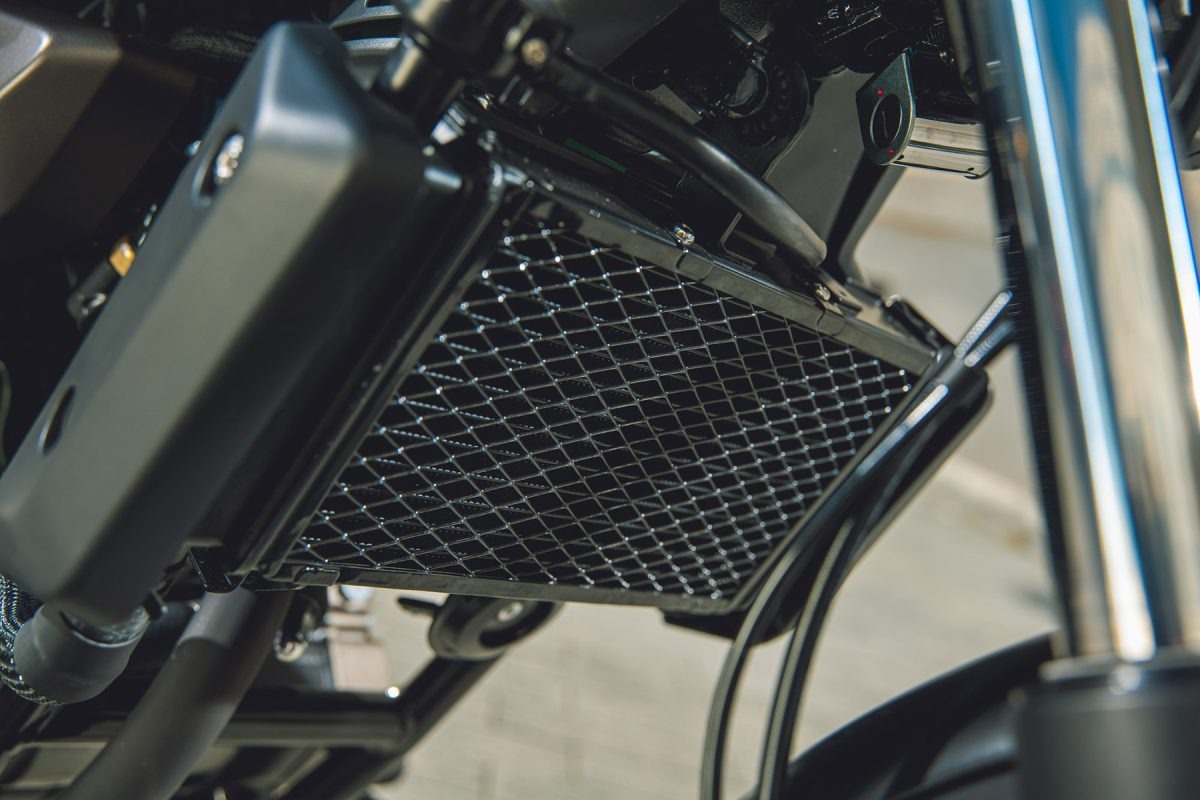 Primer plano del reposapiés de la QJ Motor SRV 125, eficiencia y diseño.