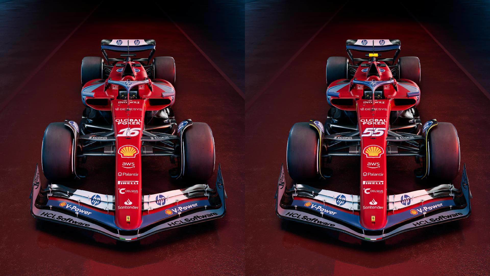 Monoplaza F1 equipo Ferrari, vista frontal y lateral en pista.