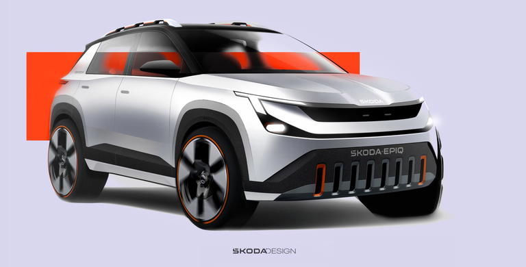Vista din&aacute;mica del Skoda Epiq, destacando su frontal agresivo y l&iacute;neas modernas.