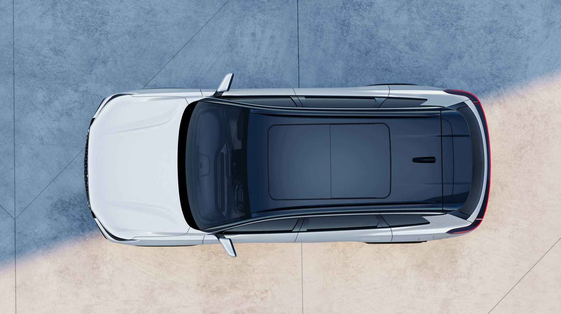 Vista superior de SUV Ebro S800 mostrando techo panorámico y líneas de diseño.