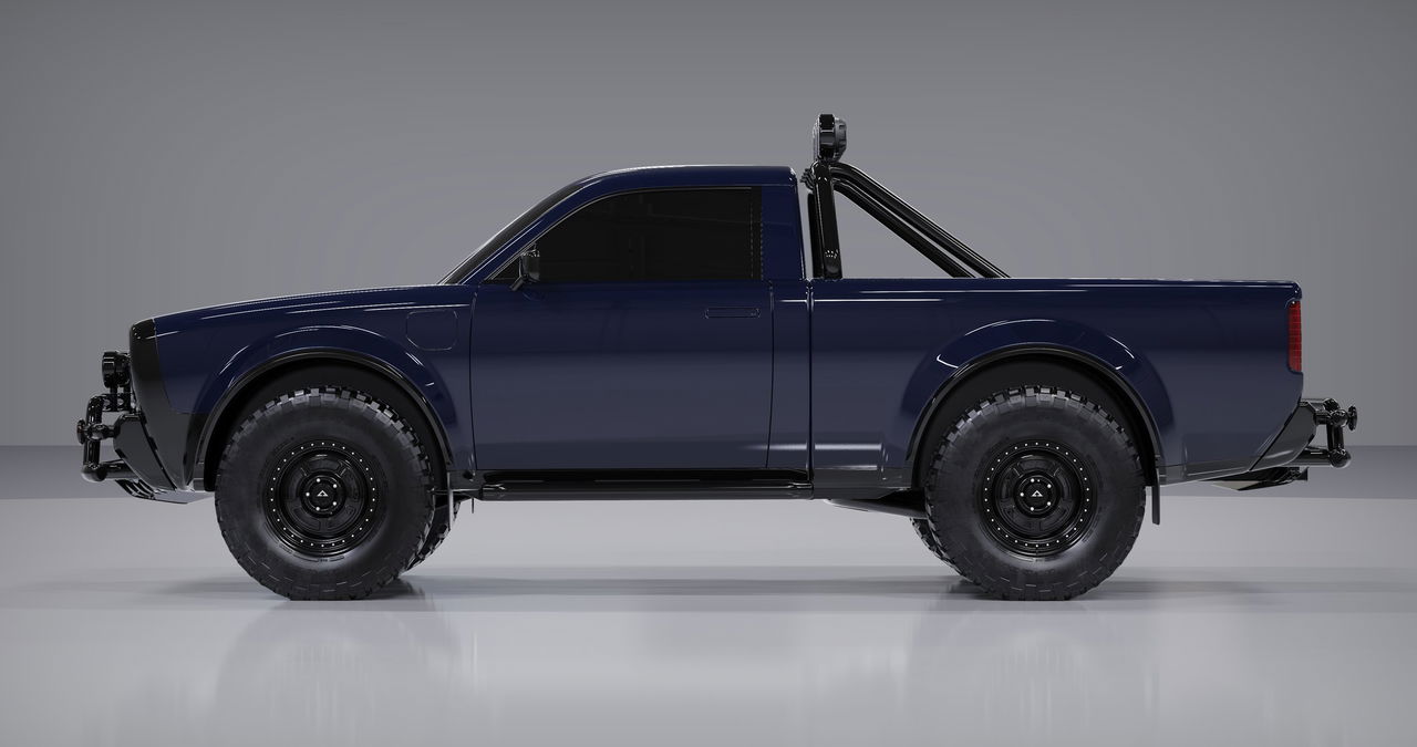 Vista lateral del Alpha Wolf, un pick-up eléctrico de estética retro.