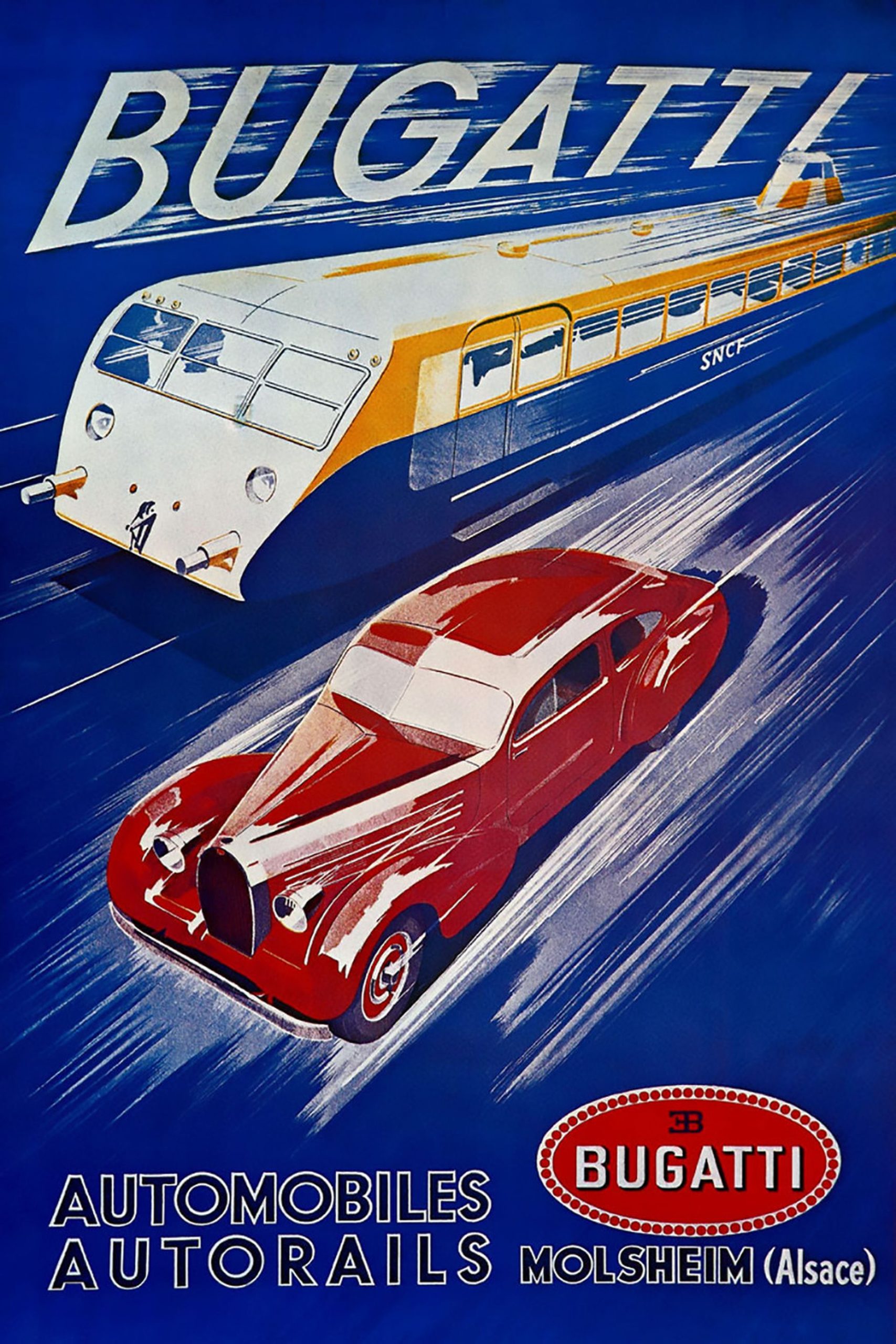 Cartel vintage Bugatti promocionando sus automóviles y autorails.