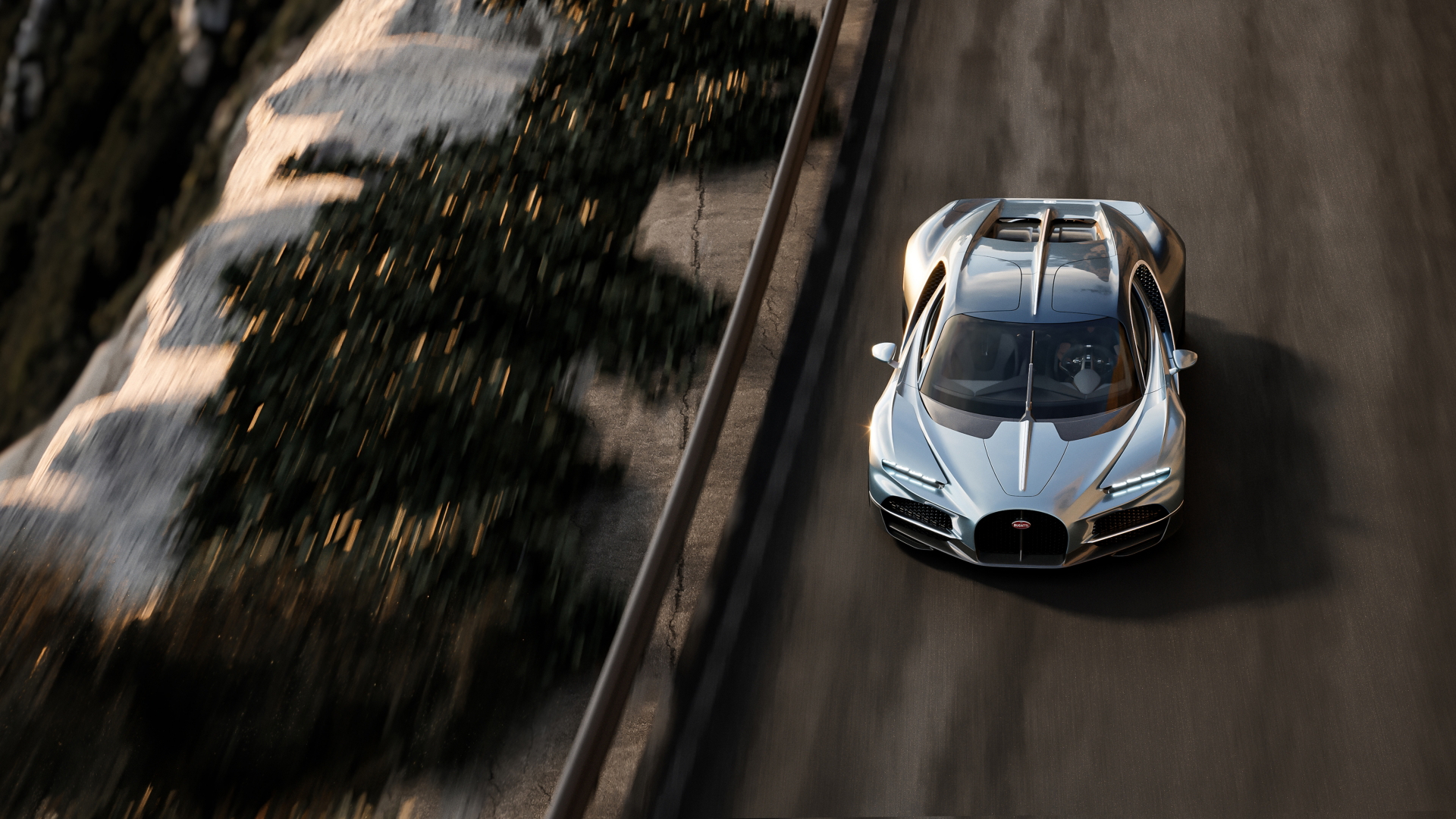 Vista aérea del Bugatti Tourbillon, destacando su diseño lateral aerodinámico.
