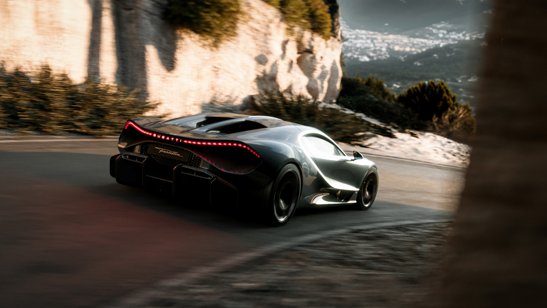 Vista dinámica del Bugatti Tourbillon en acción, destacando su aerodinámica lateral