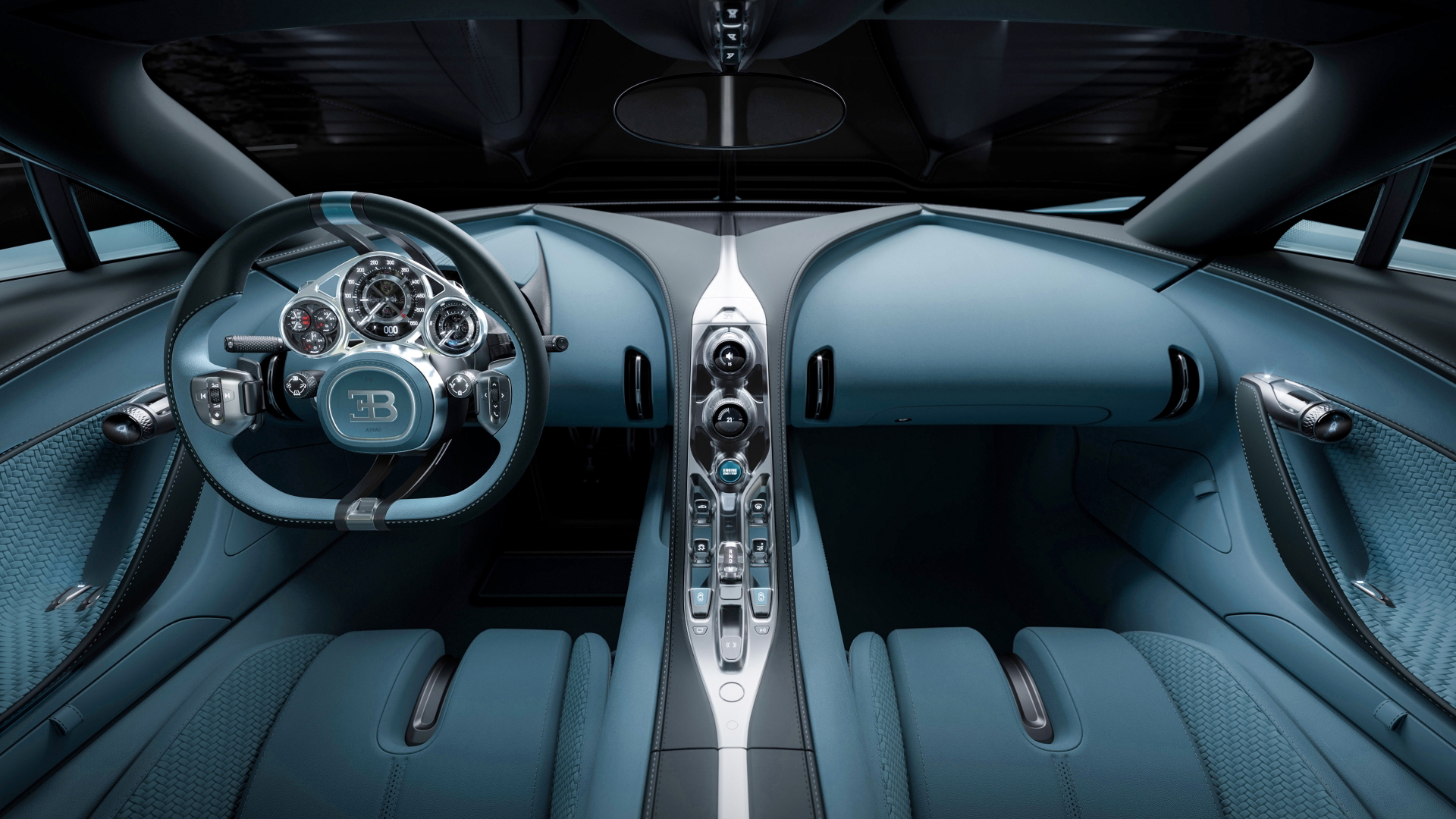 Vista interna con acabados de lujo y tecnología de avanzada del Bugatti Tourbillon.