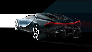 Silueta trasera-lateral Bugatti Tourbillon destacando diseño agresivo.