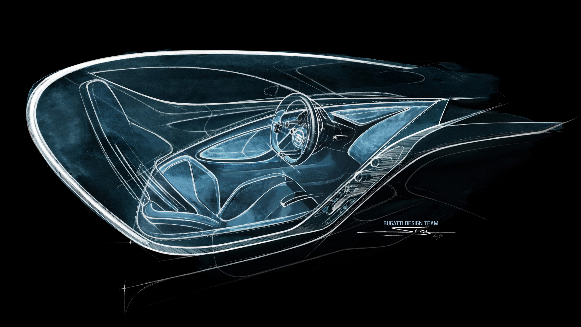 Vista lateral esquemática del Bugatti Tourbillon, pura sinergia de potencia y estilo.
