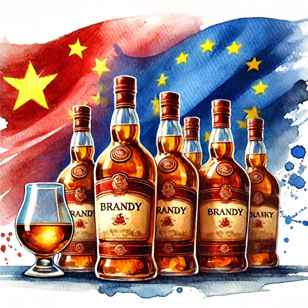 Botellas de brandy con banderas de China y la UE de fondo