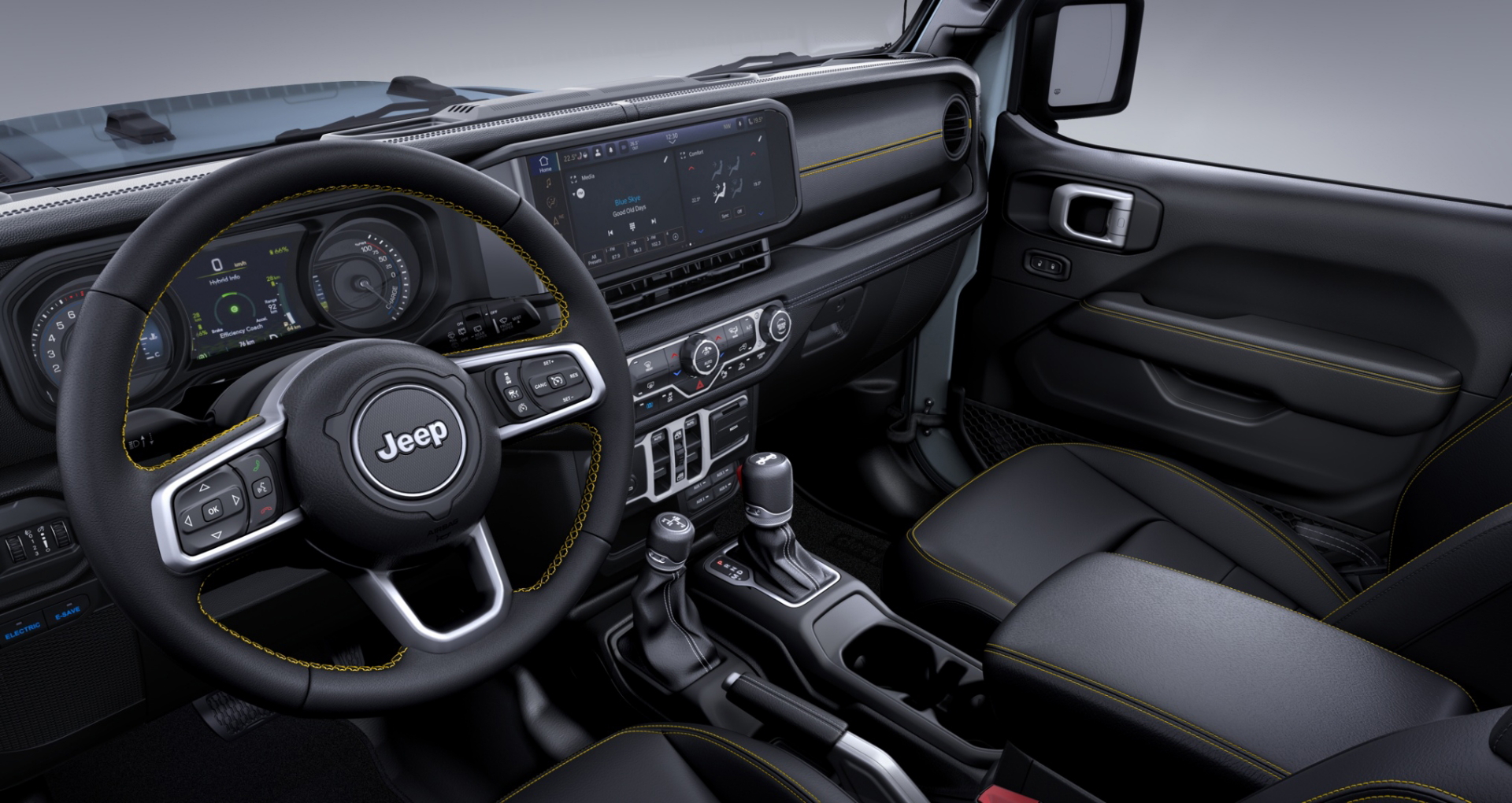 Un vistazo al habitáculo del renovado Jeep Wrangler, robustez y funcionalidad.