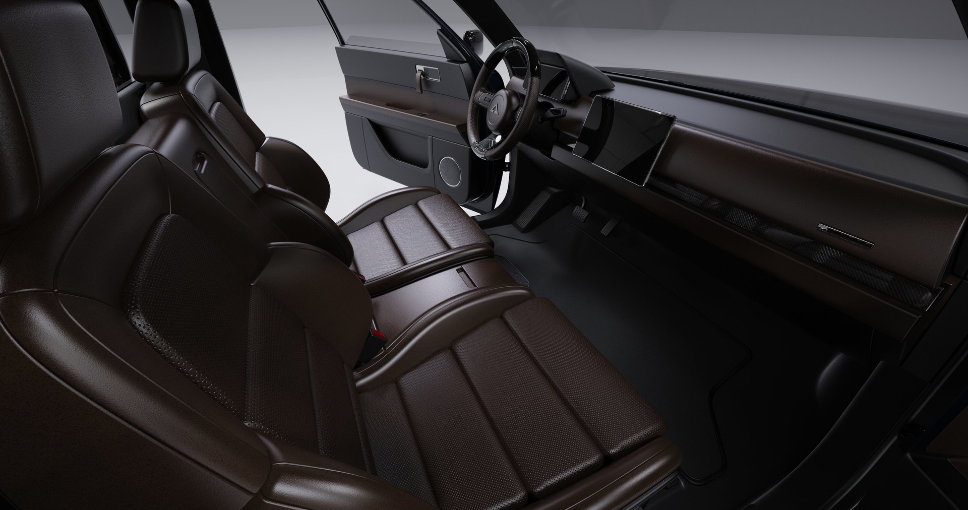 Vista interior del Alpha Wolf con asientos de cuero marrón y detalles premium.