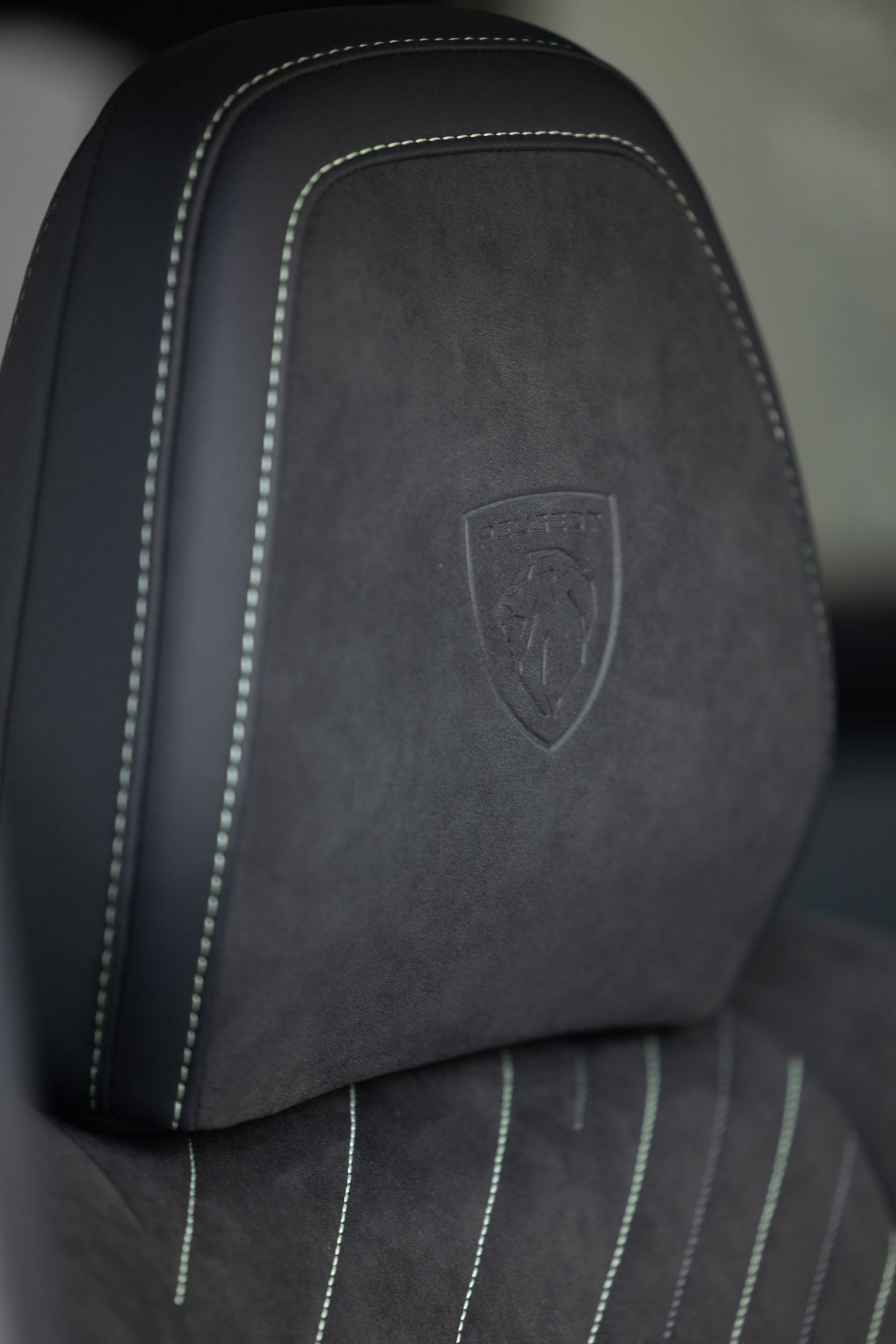 Detalle de tapicería y emblema de Peugeot en el respaldo del asiento.
