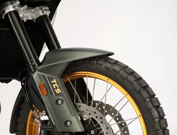 Vista detalle suspensión delantera y frenos de la trail Kove Moto 800X Pro.