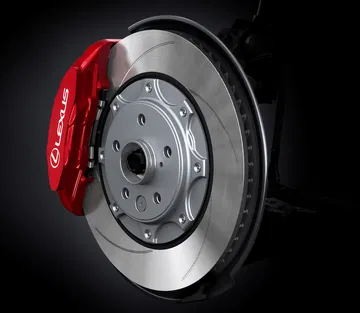 Disco de freno ventilado y pinza roja, sello de Lexus en la perfección técnica.