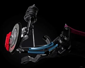Vista de una sofisticada suspensión de Lexus, un deleite tecnológico.