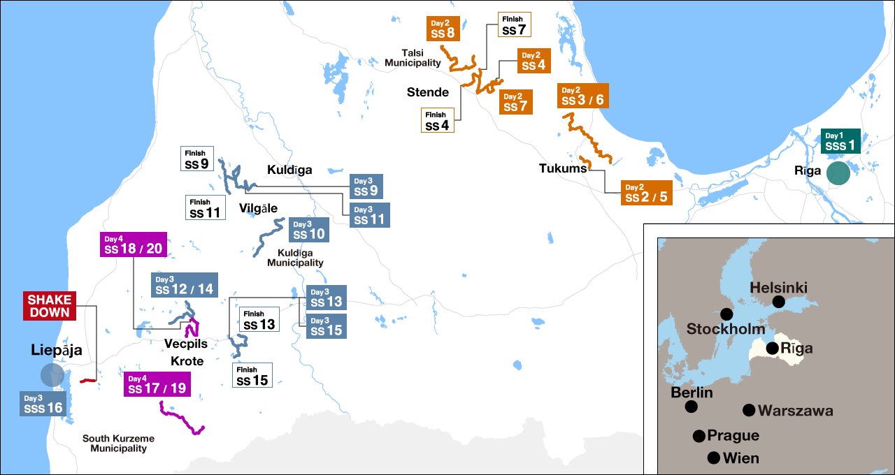 Mapa detallado con las etapas del Rally de Letonia 2024.