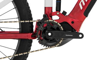 Motor Shimano acoplado a una ebike Megamo con doble suspensión.