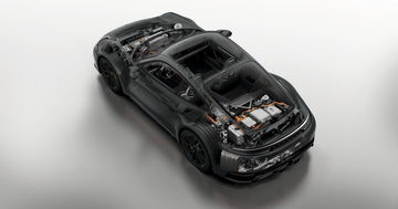 Vista aérea Porsche 911 GTS T-Hybrid revelando su diseño icónico.