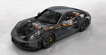 Vista lateral del Porsche 911 híbrido que muestra su diseño y proporciones.