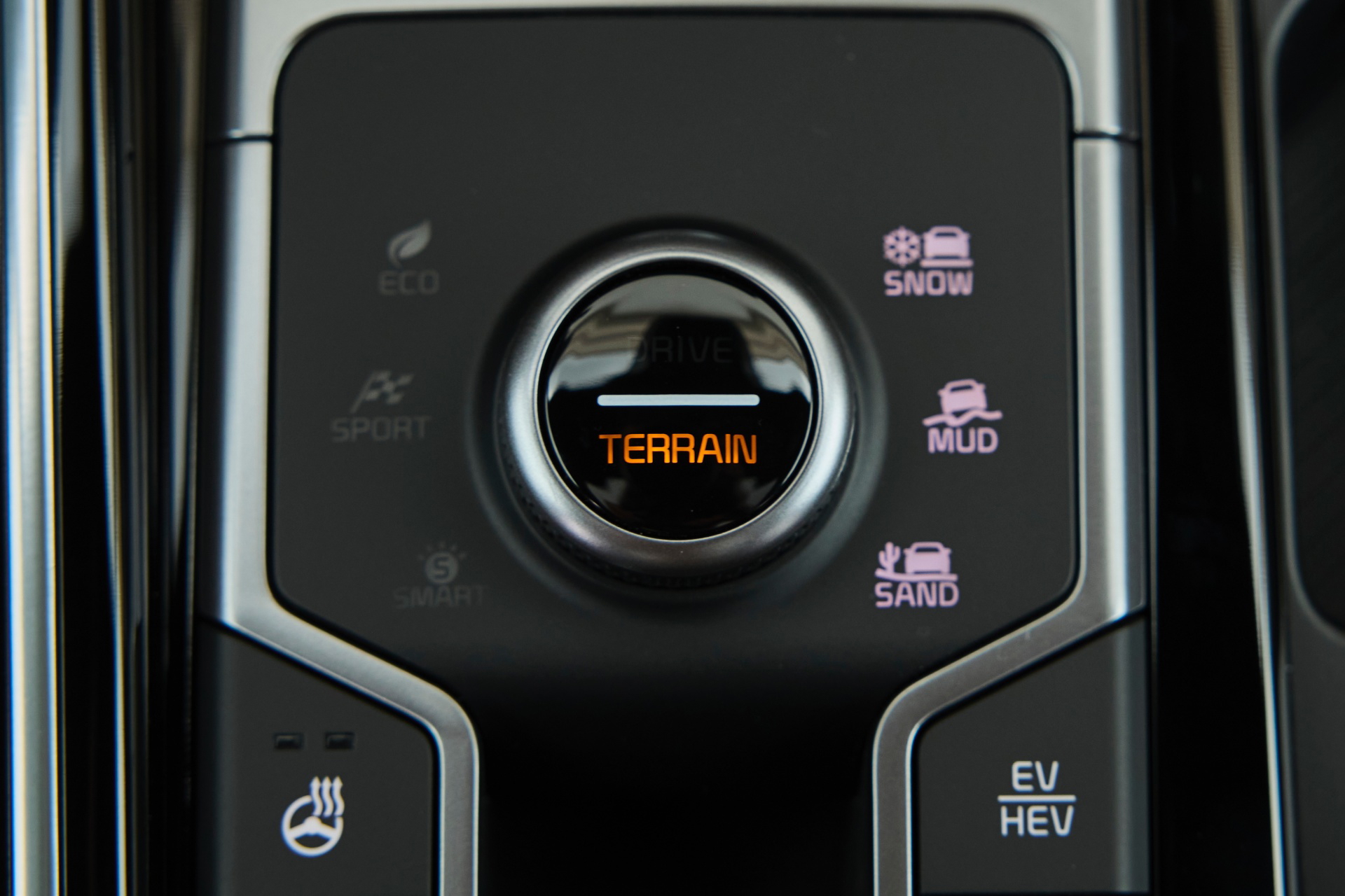 Vista del sistema híbrido del Kia Sorento 2024, con botones de funcionalidades cercanos.