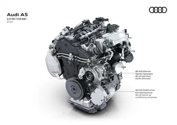 Vista de la ingeniería alemana en el motor TDI MHEV del Audi A5, enfocando tecnología de hibridación suave.