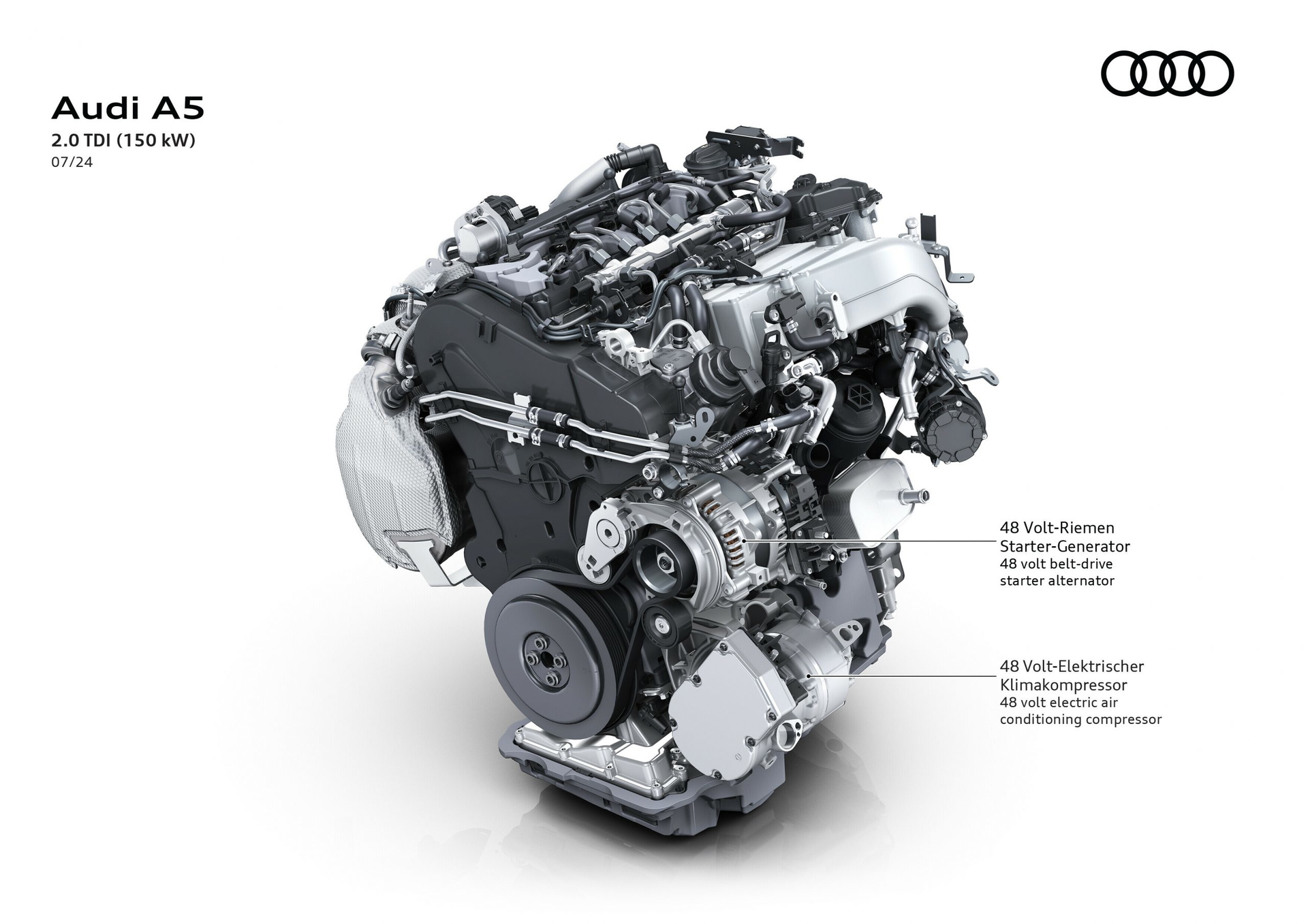 Vista de la ingeniería alemana en el motor TDI MHEV del Audi A5, enfocando tecnología de hibridación suave.