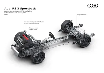 Chasis del Audi RS3 con tecnología Quattro y motor visible