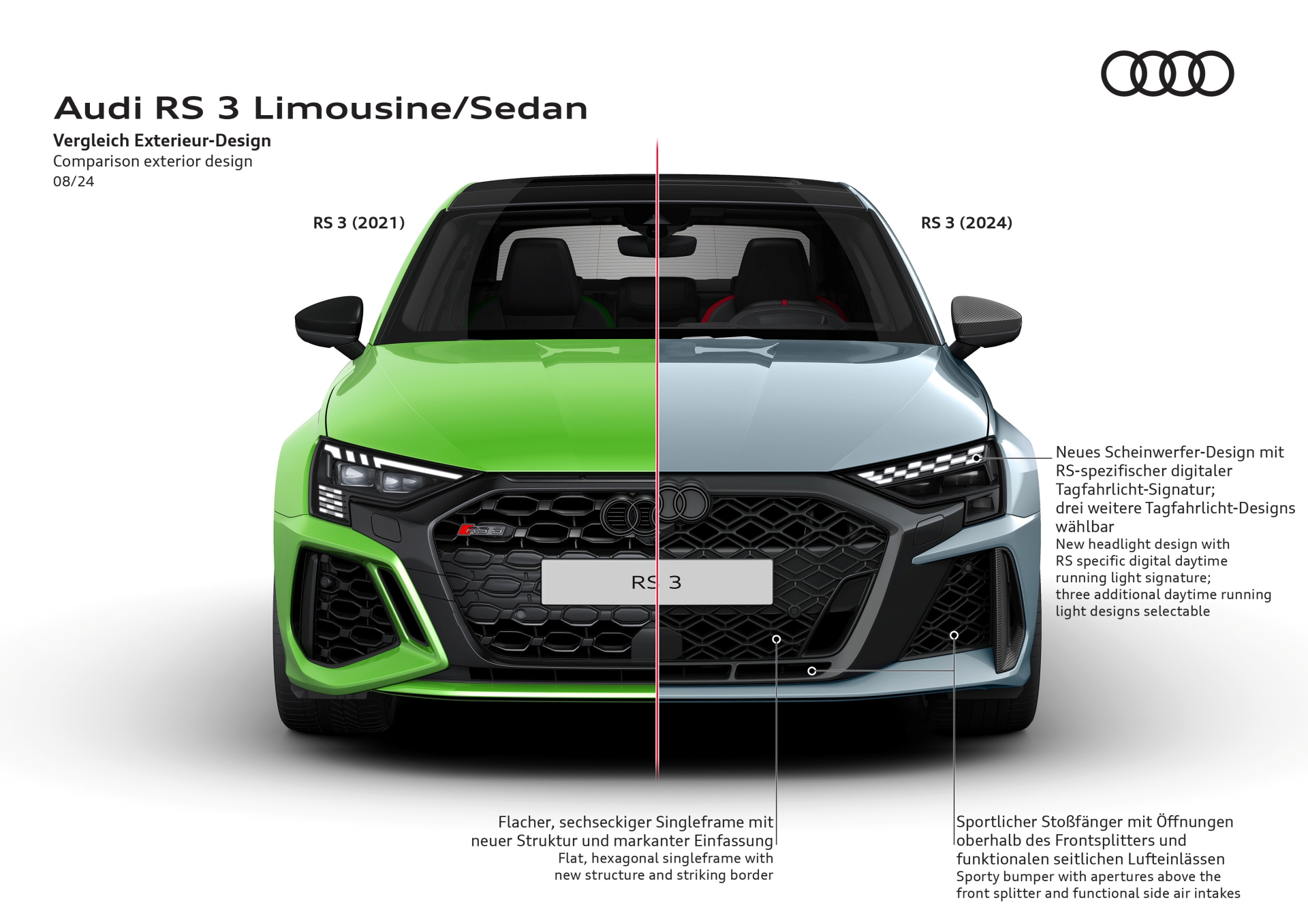 Vista frontal del Audi RS3 2025 destaca su diseño afilado y deportivo.