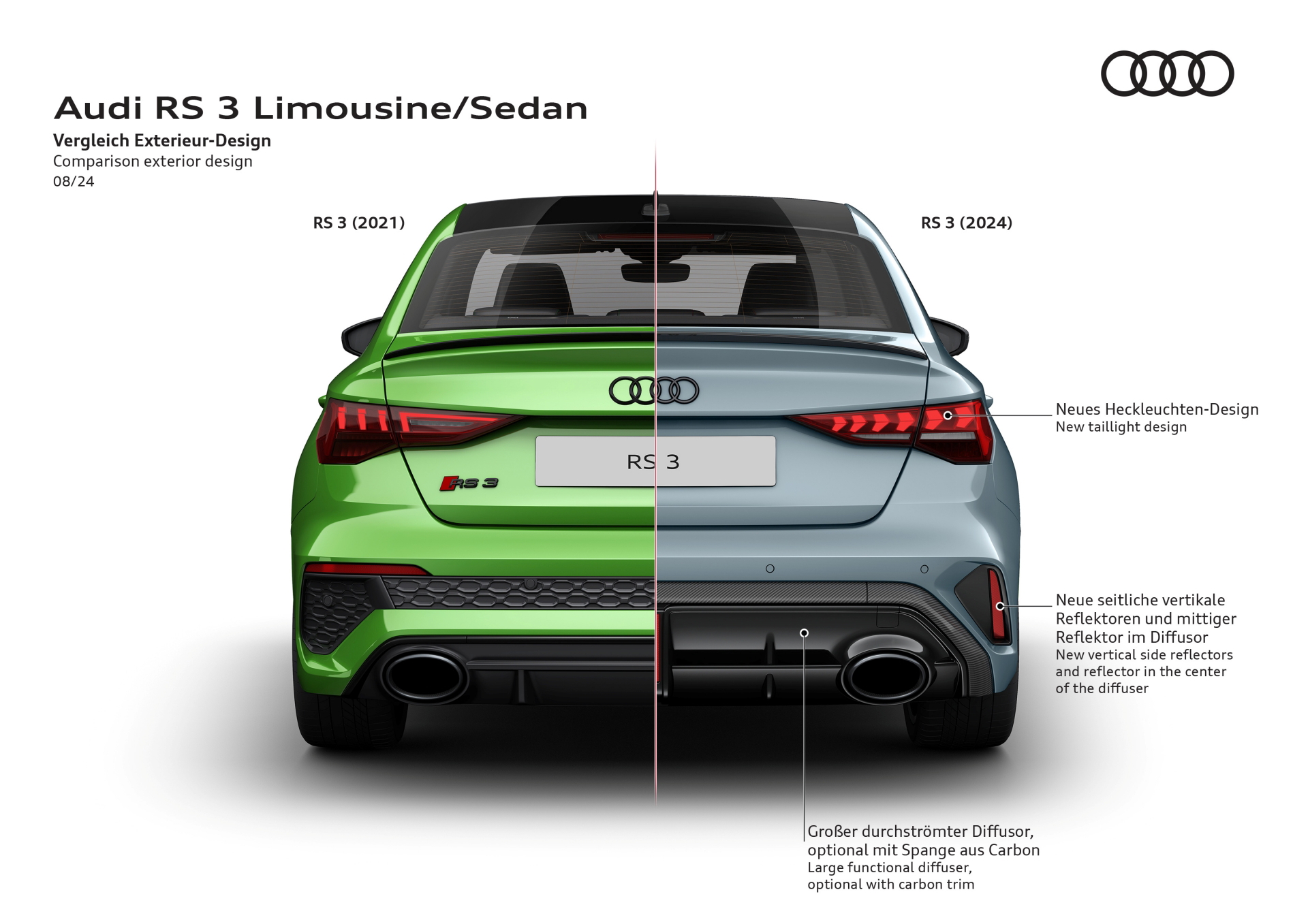 Vista trasera del Audi RS3 destacando su diseño agresivo y deportividad