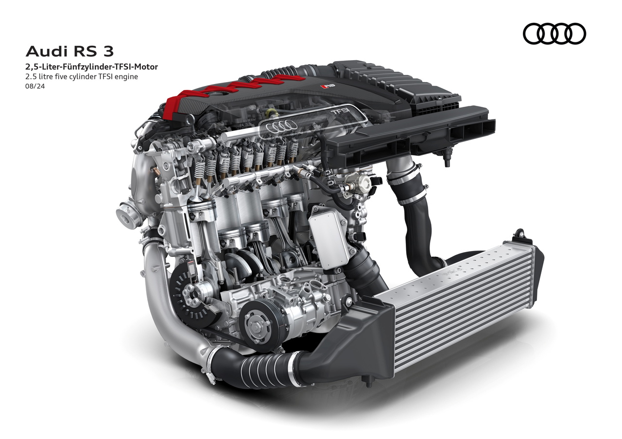 Vista detallada del motor turbo de 400 CV del Audi RS3 modelo 2025