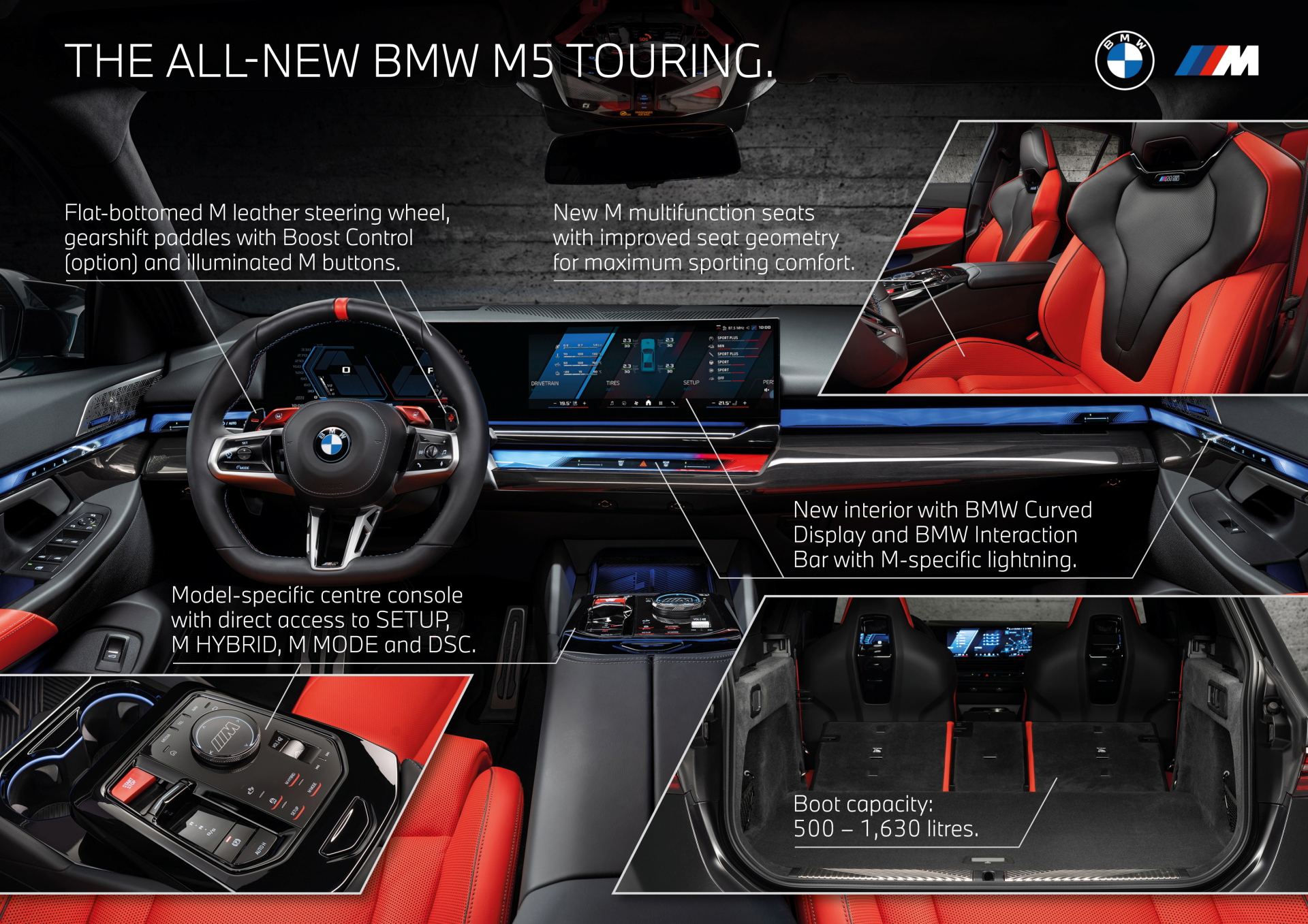 Cabina BMW M5 Touring con acabados de lujo y tecnología de vanguardia.