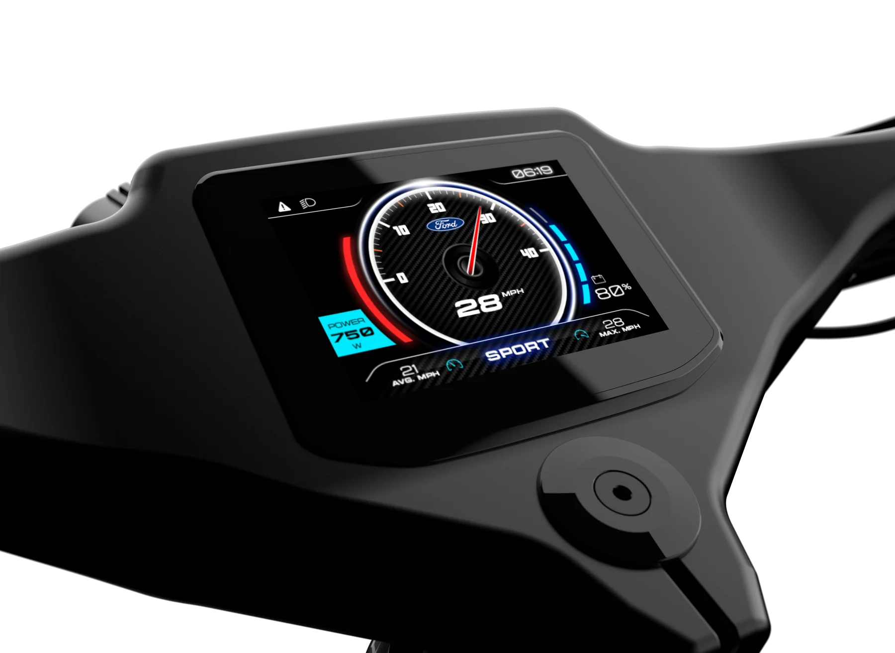 Pantalla digital integrada en la ebike Mustang, muestra velocidad y datos.