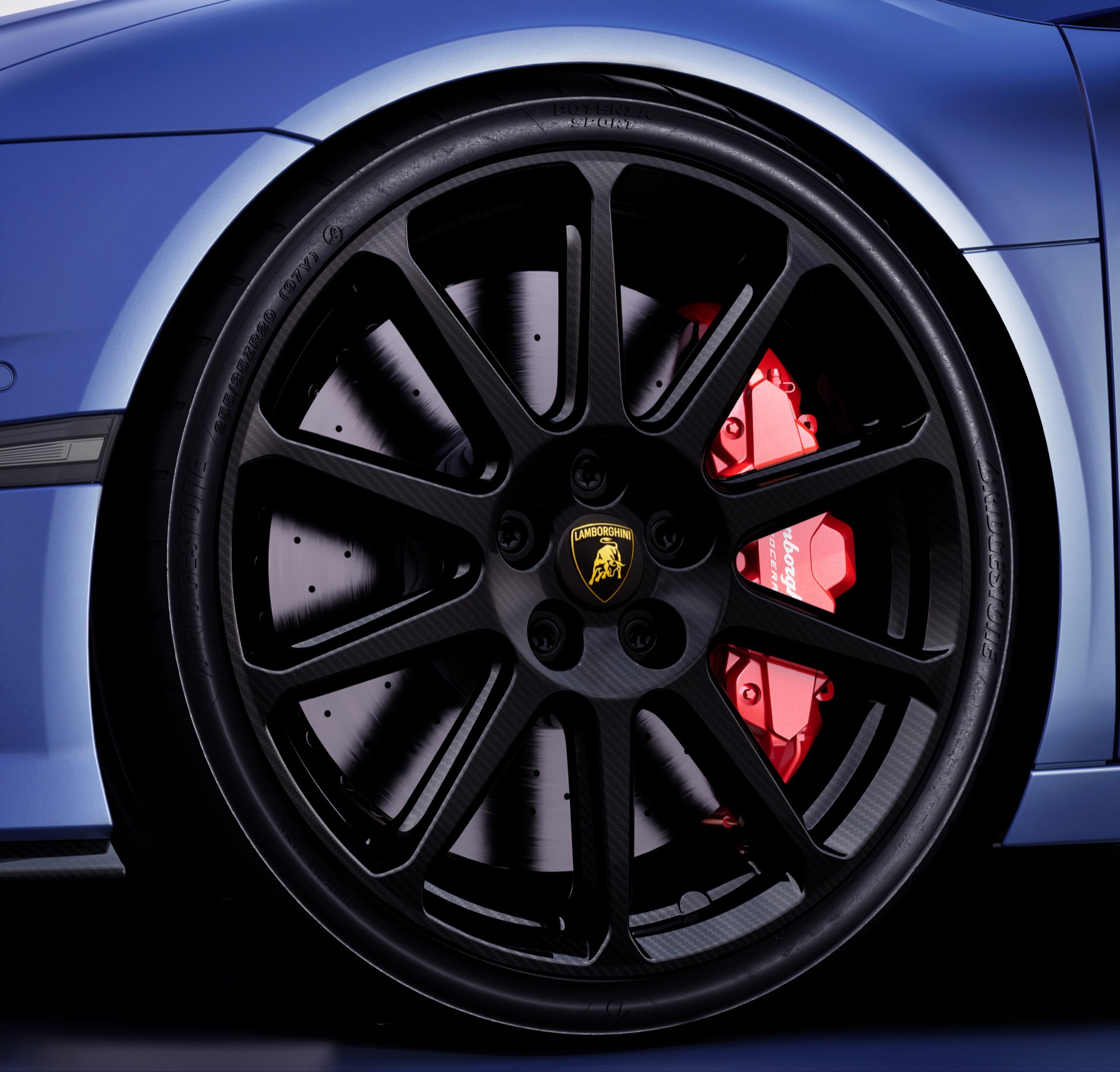Vista imponente de la rueda de un Lamborghini Temerario con frenos de alto rendimiento.