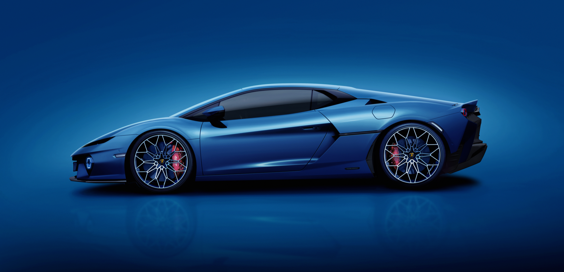 Vista lateral del Lamborghini Temerario, en tono Blu Marinus.