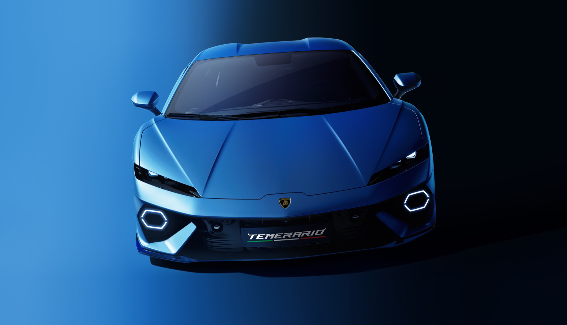 Vista delantera del Lamborghini Temerario en acabado Blu Marinus.