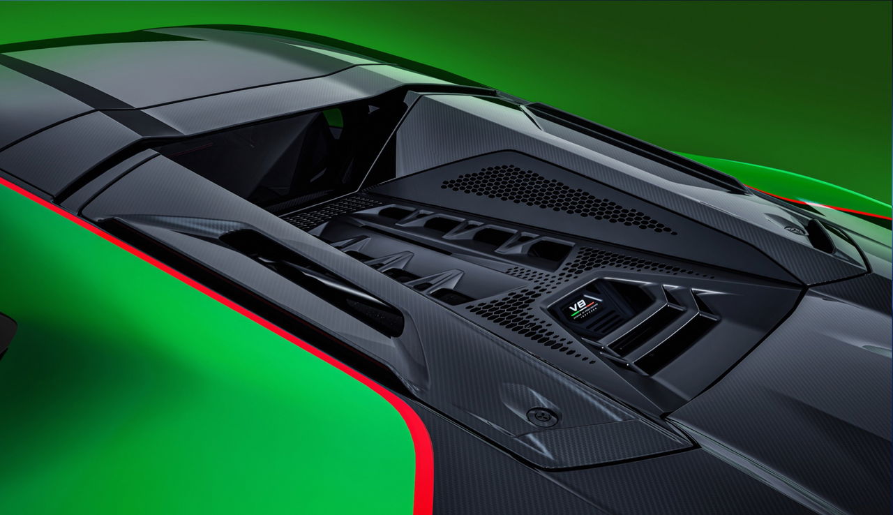 Vista innovadora del techo del Lamborghini Temerario 2024 en Verde Mercurius.