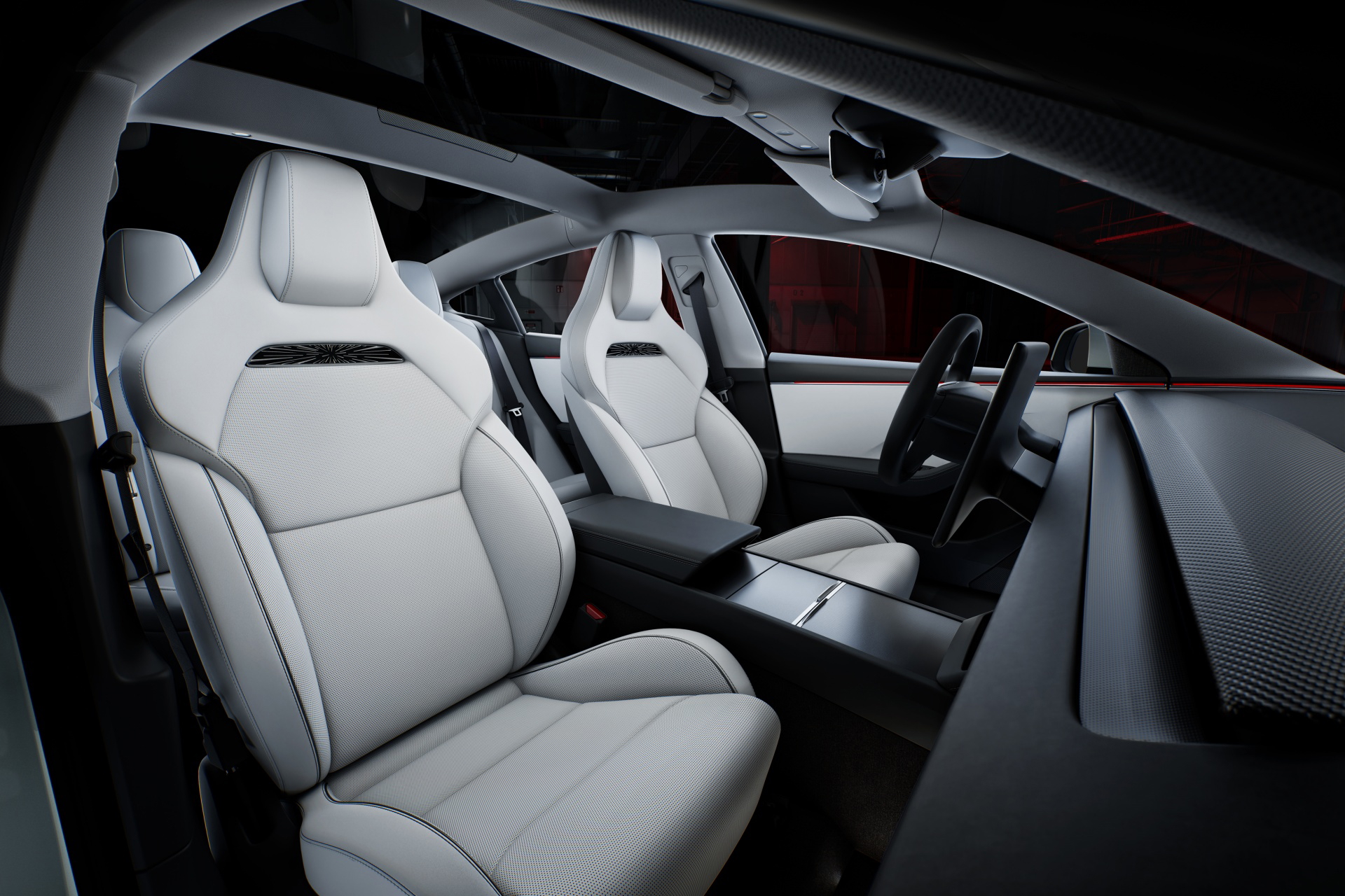 Vista lateral del habitáculo que revela la elegancia y comodidad de los asientos del Model 3 Performance.