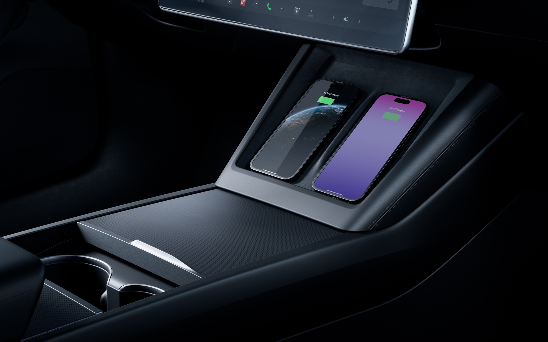 Consola central del Tesla Model 3 con cargador de smartphone