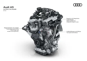 Vista detallada del motor Audi A5 TDI MHEV, una fusión de potencia y eficiencia.