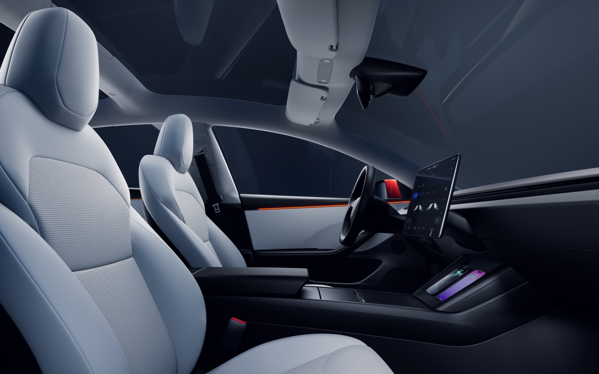 Vista lateral interior del Tesla Model 3 enfatizando su diseño minimalista y elegantes asientos