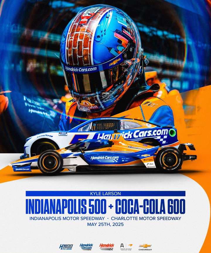 Kyle Larson junto a su bólido Hendrick Motorsport preparado para el Double Duty 2025.
