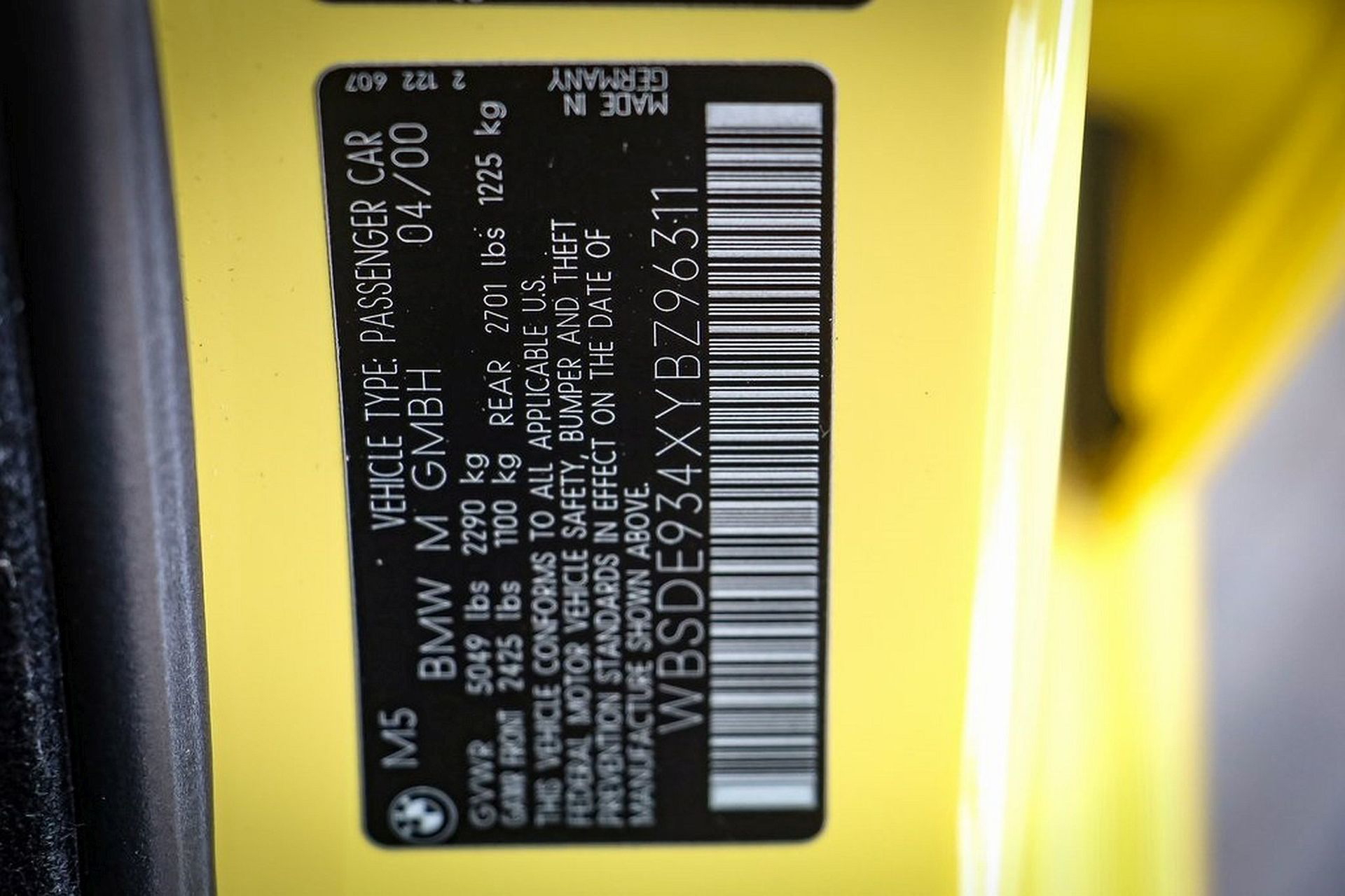 Placa identificativa del BMW M5 E39, atestigua su autenticidad.